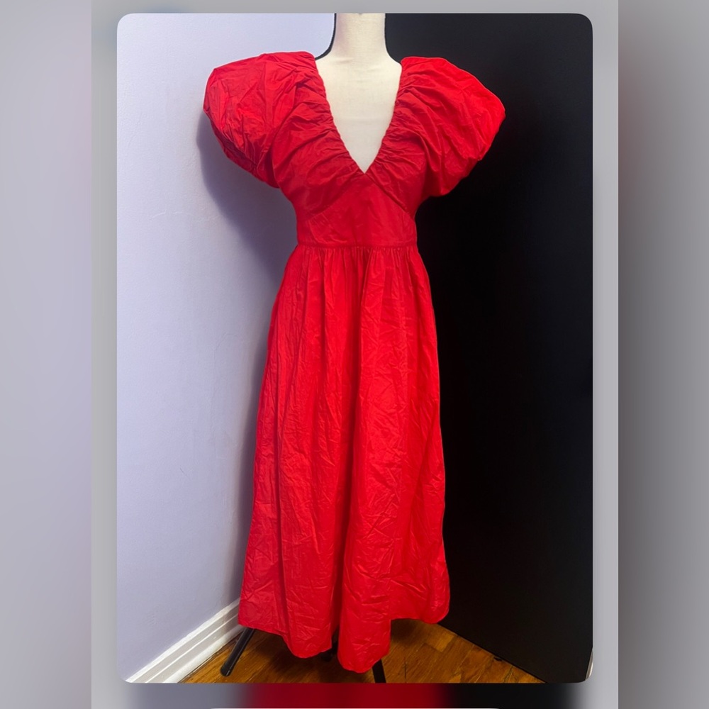 J. Crew Firecracker Red V-Neck Puff Sleeve Midi Dress